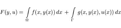 \begin{displaymath}
F(y,u) = \, \int \limits_{\Omega} f(x,y(x))\,dx \, + \,
\int \limits_{\Gamma}\,g(x,y(x),u(x))\,dx
\end{displaymath}