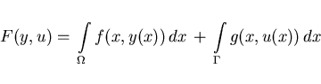 \begin{displaymath}
F(y,u) = \, \int \limits_{\Omega} f(x,y(x))\,dx \,
+ \, \int \limits_{\Gamma} g(x,u(x))\,dx
\end{displaymath}
