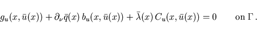 \begin{displaymath}
g_u(x,\bar{u}(x)) + \partial_{\nu}\bar{q}(x)\, b_u(x,\bar{u}...
...}(x)\,C_u(x,\bar{u}(x)) = 0
\qquad \mbox{on} \; \Gamma \,. \;
\end{displaymath}